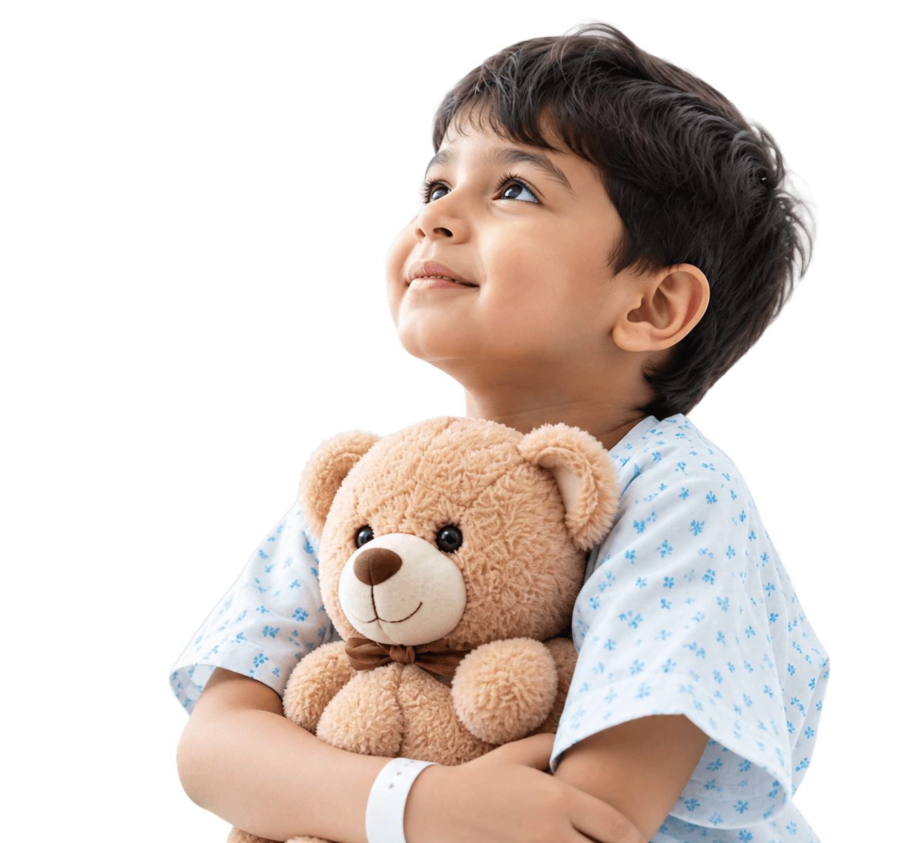 Child looking up with hope holding teddy bear